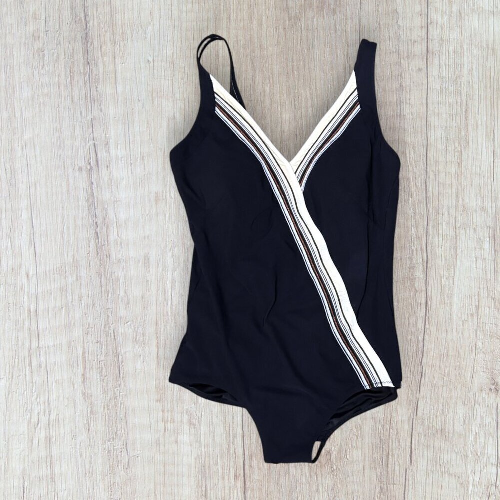 Maryan Mehlhorn Black Metallic Wrap Front Soft Cup One Piece Swimsuit 14C